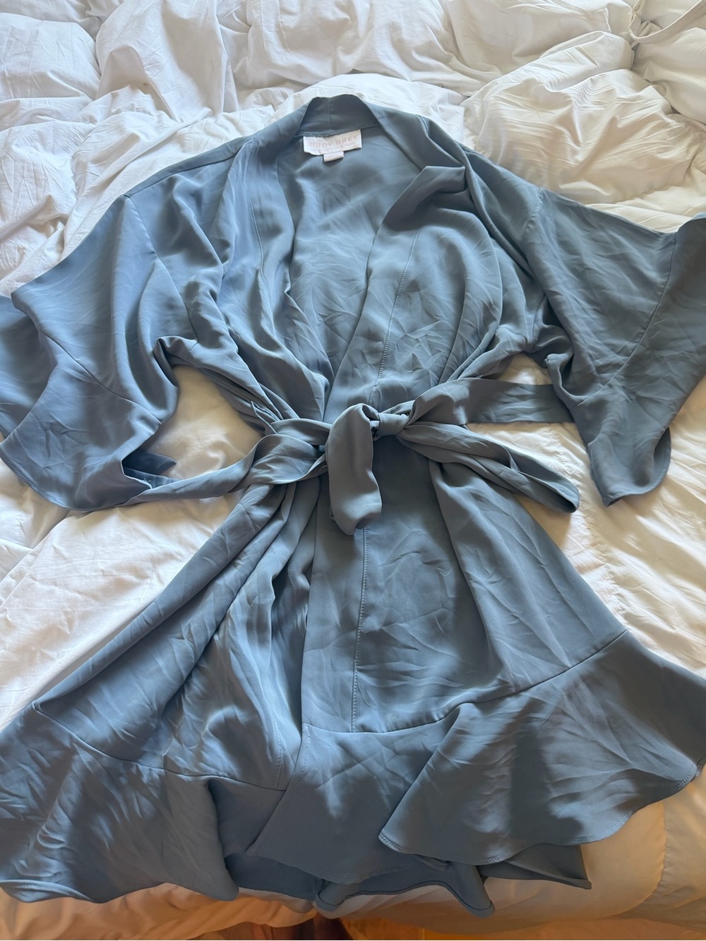 🕊️ Birdy Grey Dusty Blue Satin Tie-Waist Bridesmaid’s Ruffle Robe